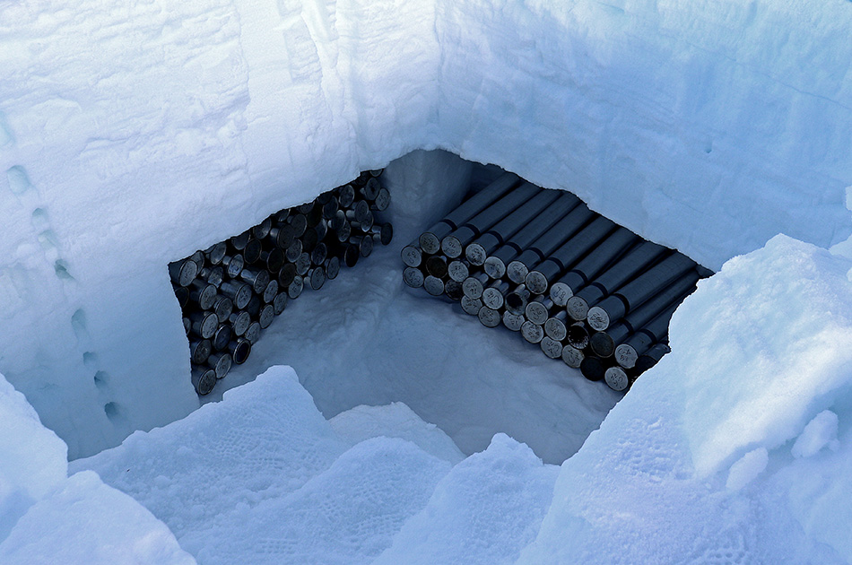 ice core samples are stored in a make shift refrigerator room carved into the ice and snow