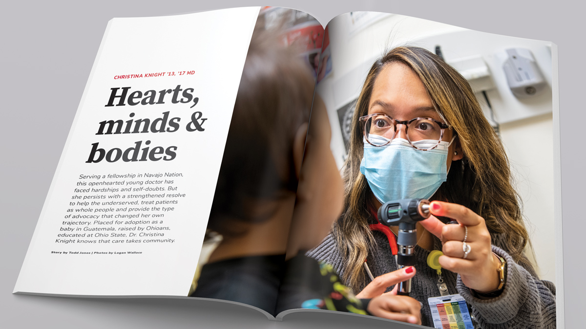An open Ohio State Alumni Magazine shows a story headlined "Hearts, minds & bodies" with a photo of a young doctor examining a child.