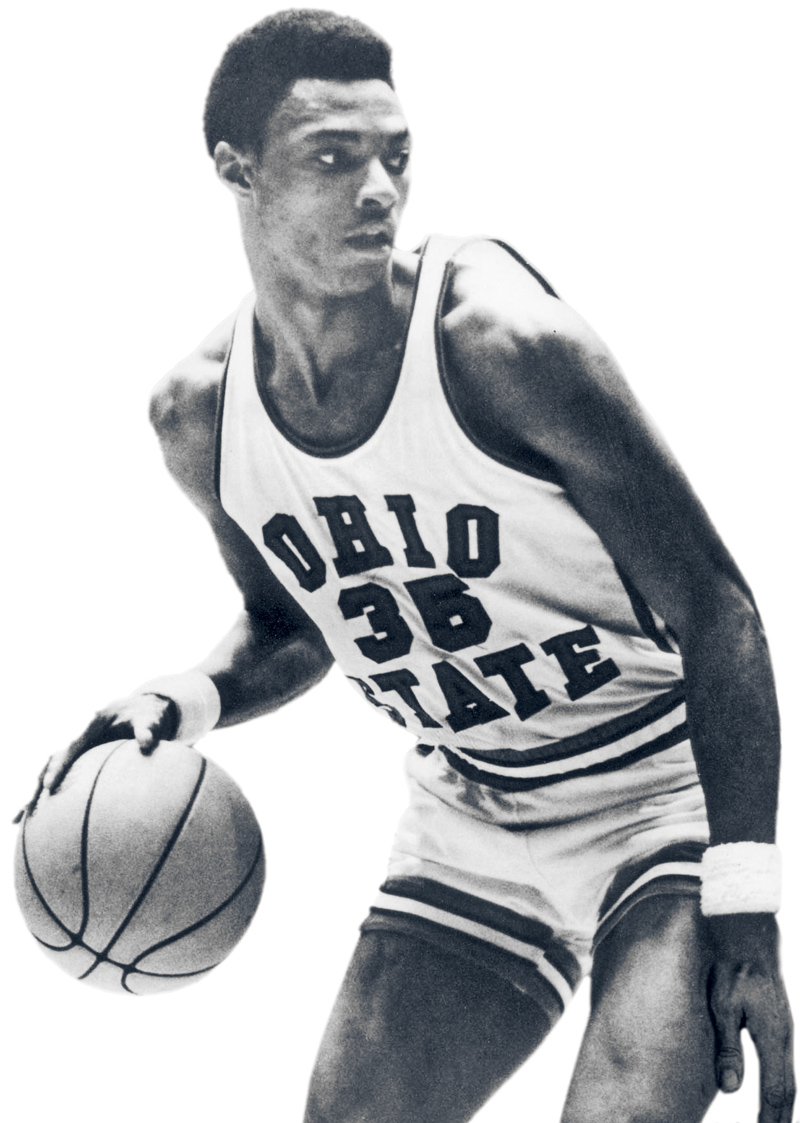 Black and white photo of a player in action from the 1970 championship basketball team
