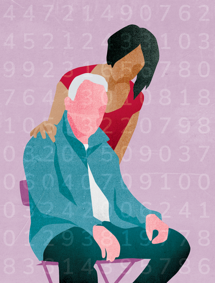 An illustration shows a caregiver leaning over an older man. Subtle lines of numbers overlay the image. 