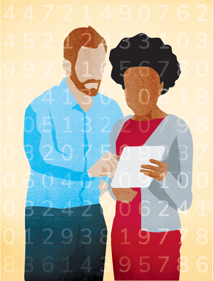 An illustration shows two people examining a piece of paper. Subtle lines of numbers overlay the image. 