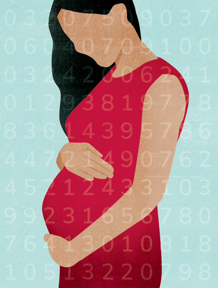 An illustration shows a pregnant woman cradling her belly. Subtle lines of numbers overlay the image. 