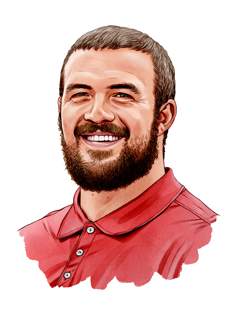 An illustration shows a smiling white man with short brown hair and beard and mustache. He looks friendly and capable.
