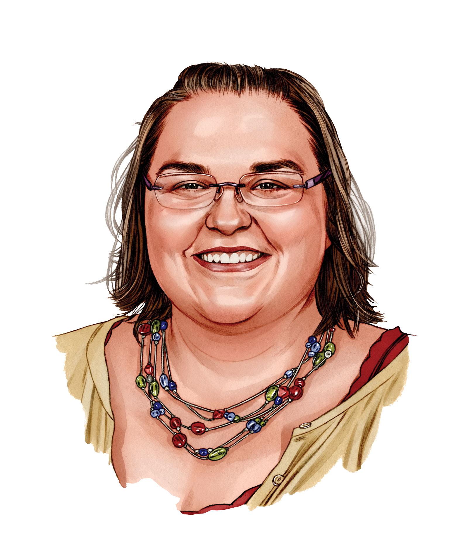 A smiling woman wears glasses, a beaded necklace and layers of shirts. She appears studious and bohemian and has a friendly smile and chin length hair.