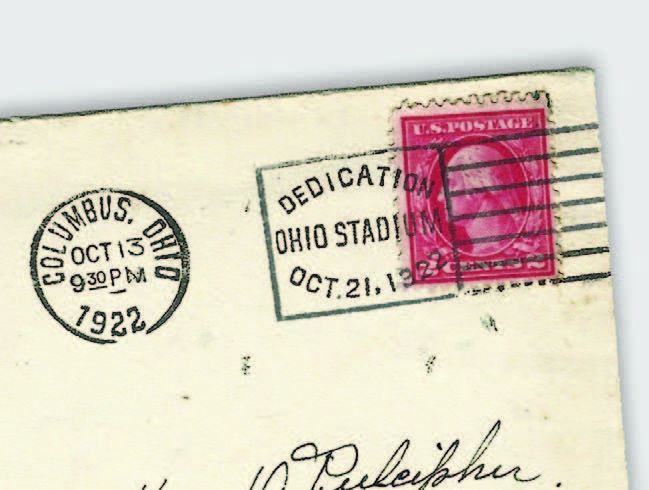 The corner of an enveloped stamped Oct. 13, 1922, has an ornate stamp labeled "U.S. Postage 2 cents." It has a line drawing portrait of a white man, similar to portraits on cash, but it's unclear who the stamp shows. A stamped mark over that says "Dedication Ohio Stadium Oct. 21, 1922."