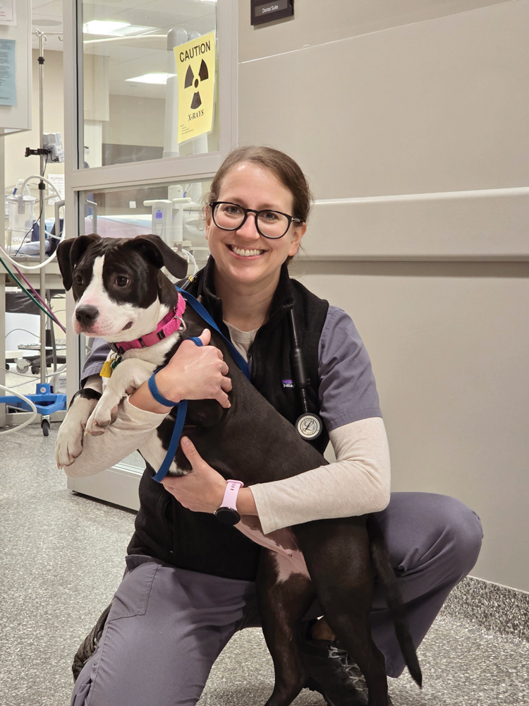 DR. Kristin Miles smiles while posing for a photo holding her own dog, Mookie, a black-and-white medium sized pooch.