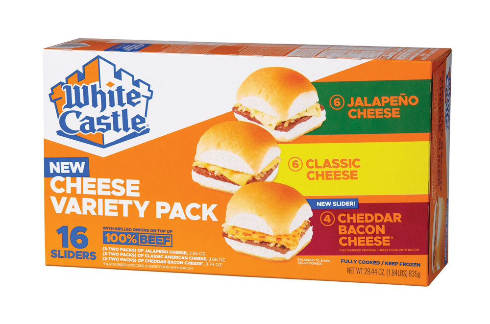 A box of 16 frozen White Castle sliders sold in grocery stores 