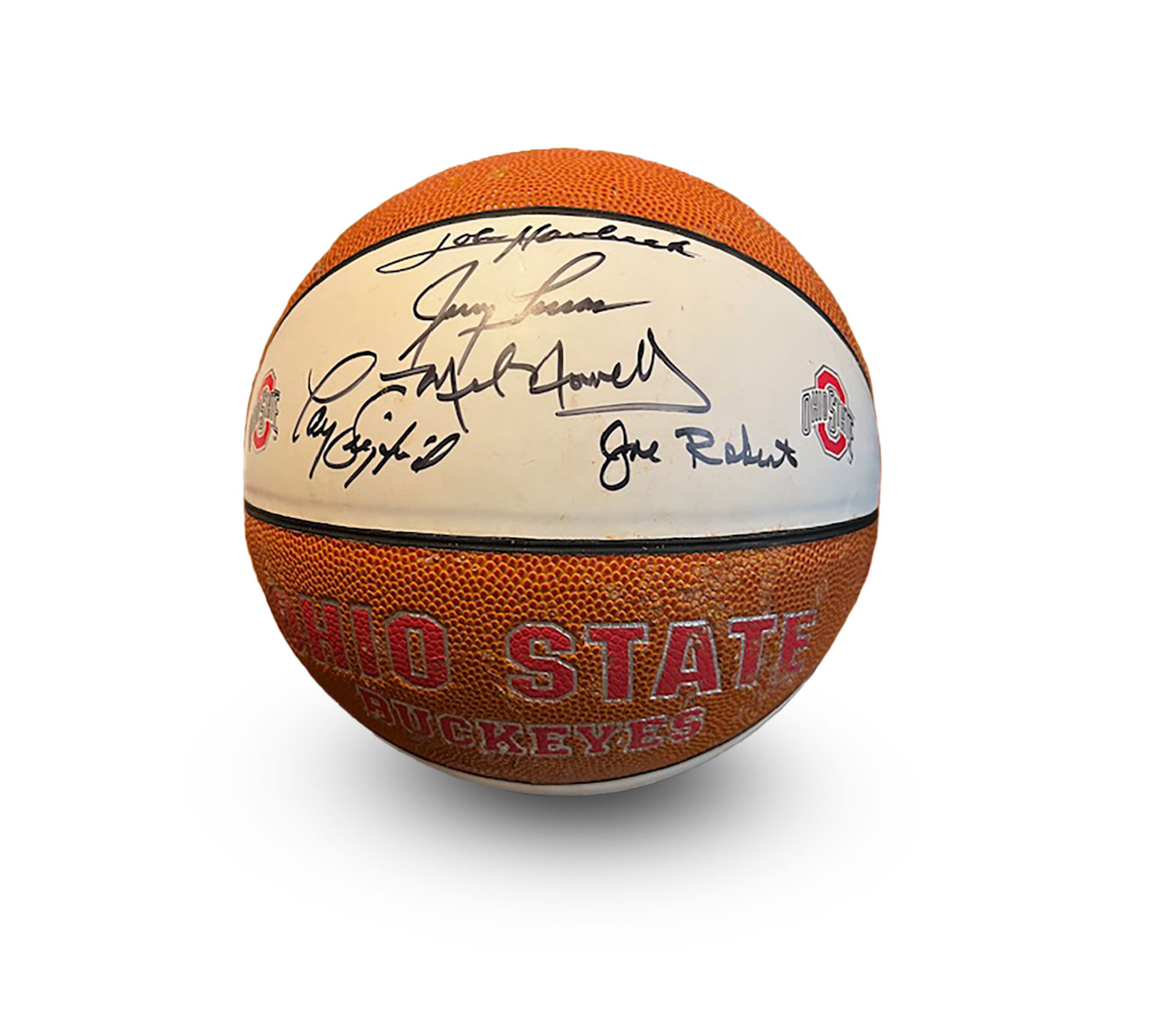 A signed basketball is orange and white and teh signatures say Mel Nowell, Jerry Lucas and Joe Havlock