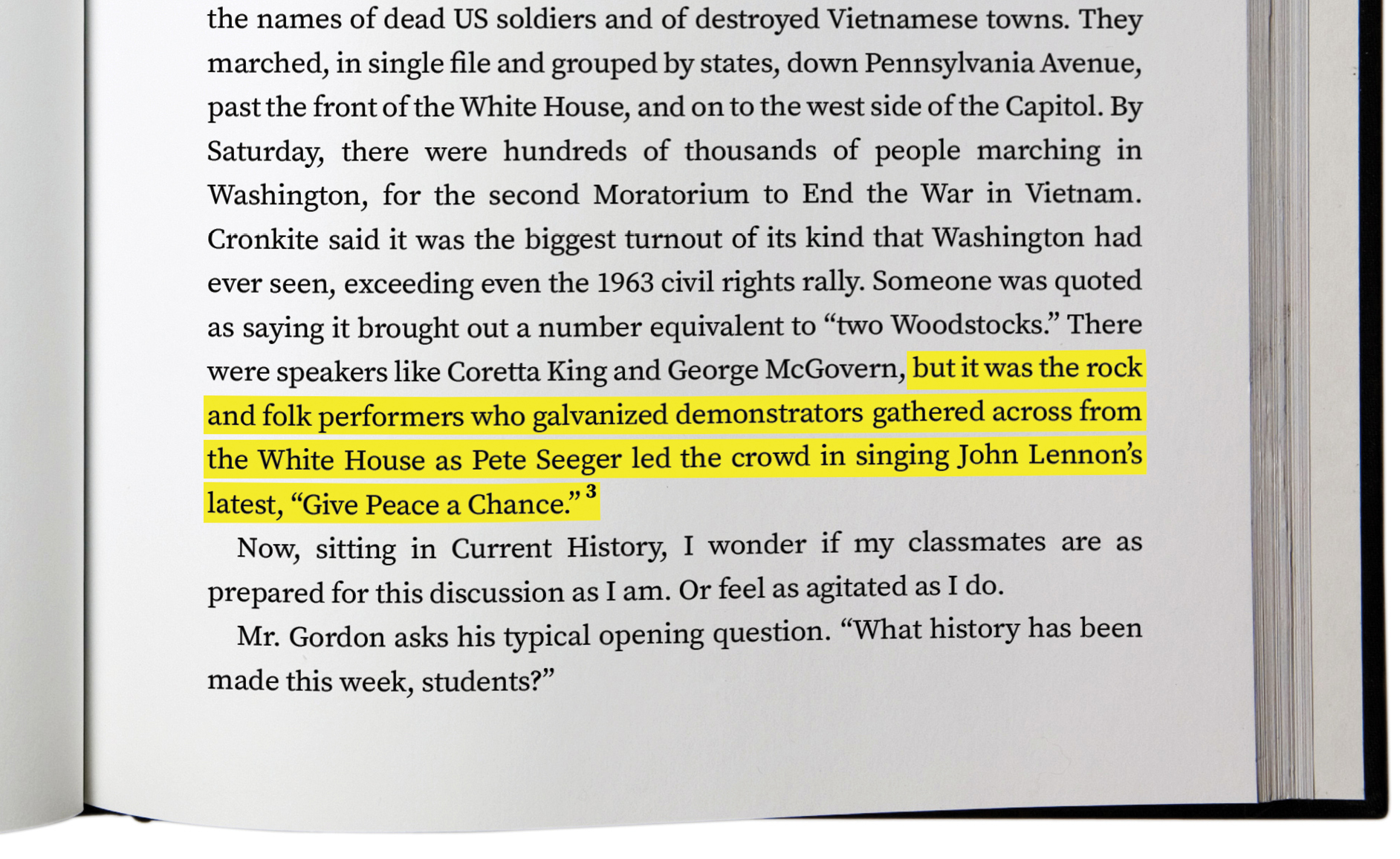 The last portion of the page has highlighted text that says: "But it was rge rock and folk performers who galvanized demonstrators gathered across from the White House as Pete Seeger led the crowd in singing John Lennon's latest, 'Give Peace a Chance.'"