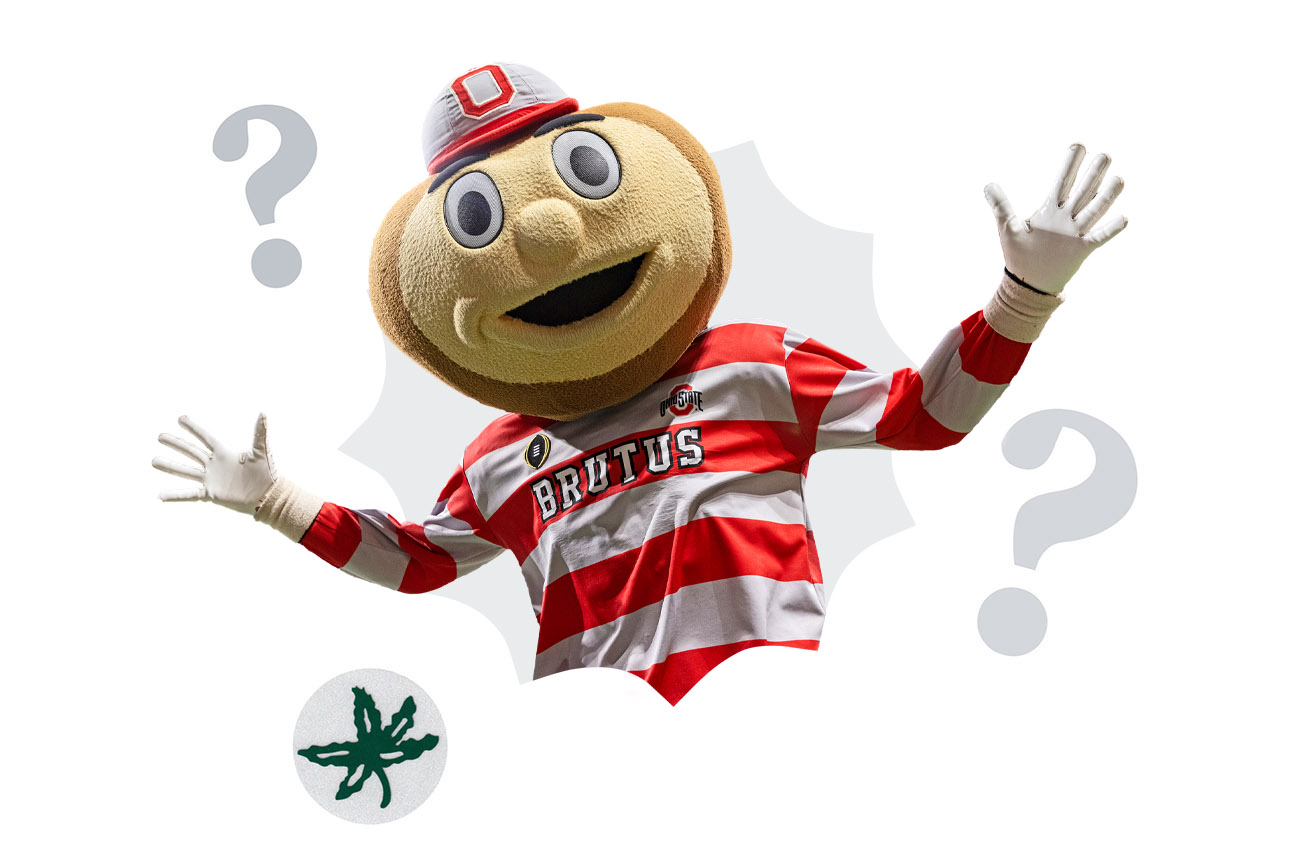 Brutus Buckeye smiles happily with arms spread as question marks surround him.
