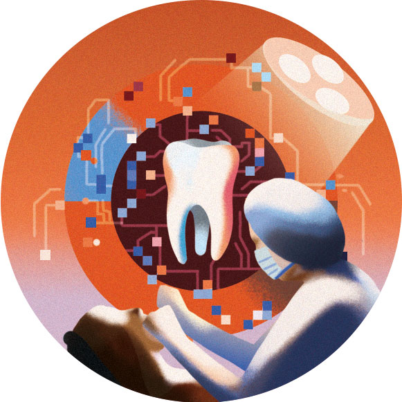 A stylized illustration shows a person lying back as a medical student wearing a face mask leans over them. Above them is a large graphic of a tooth surrounded by digital circuit like shapes, with a bright overhead examination light shining down.