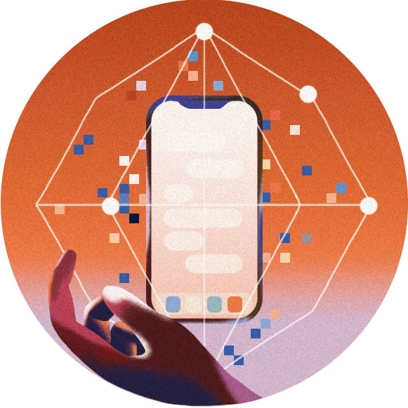A stylized illustration shows a hand holding a smartphone with an indistinct messaging screen. Geometric lines and small digital squares surround the device, suggesting technology or data exchange.