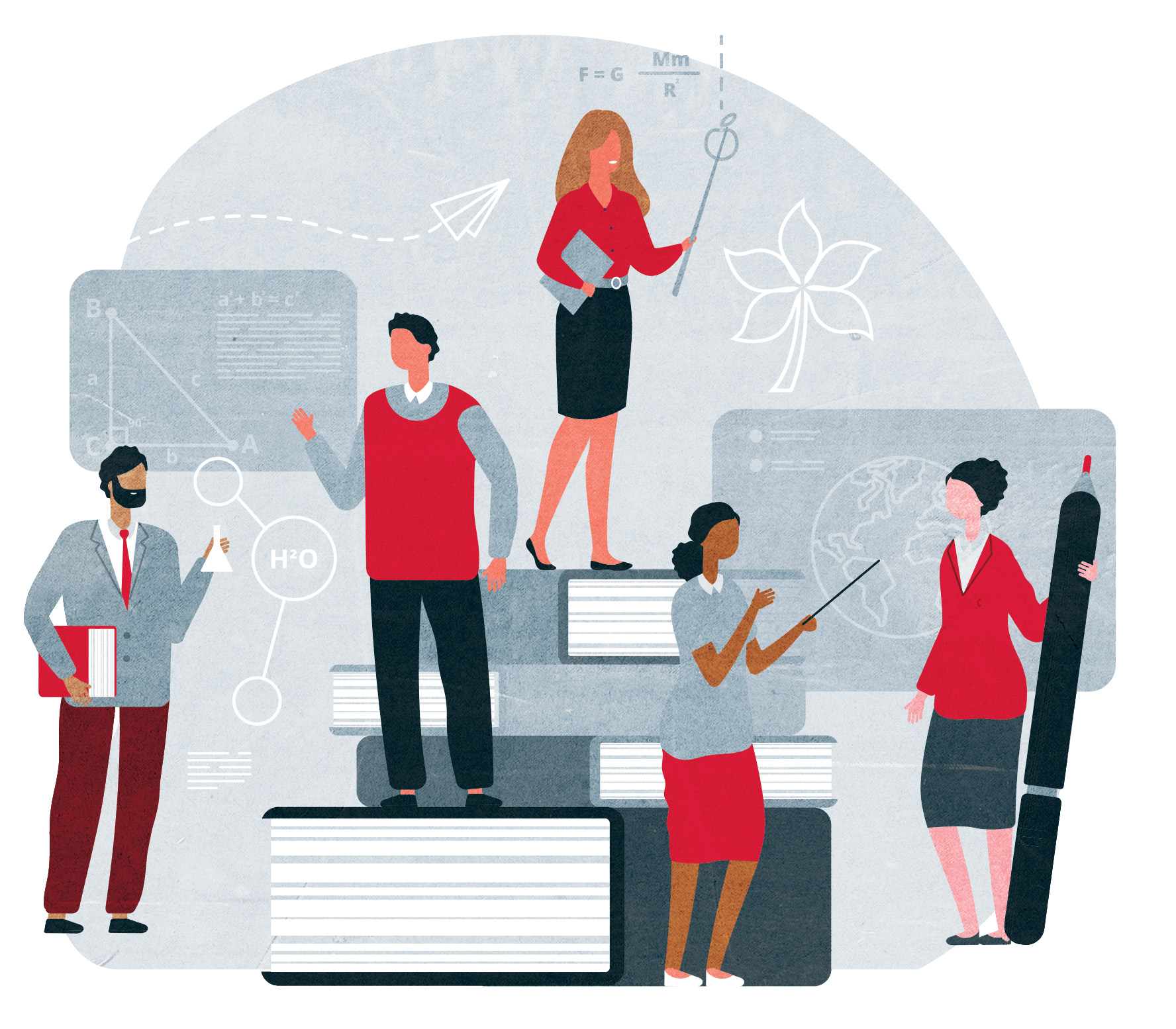 An illustration shows various teachers wearing Ohio State colors and standing on or around a stack of books. The people are vague representations--they do not have faces.