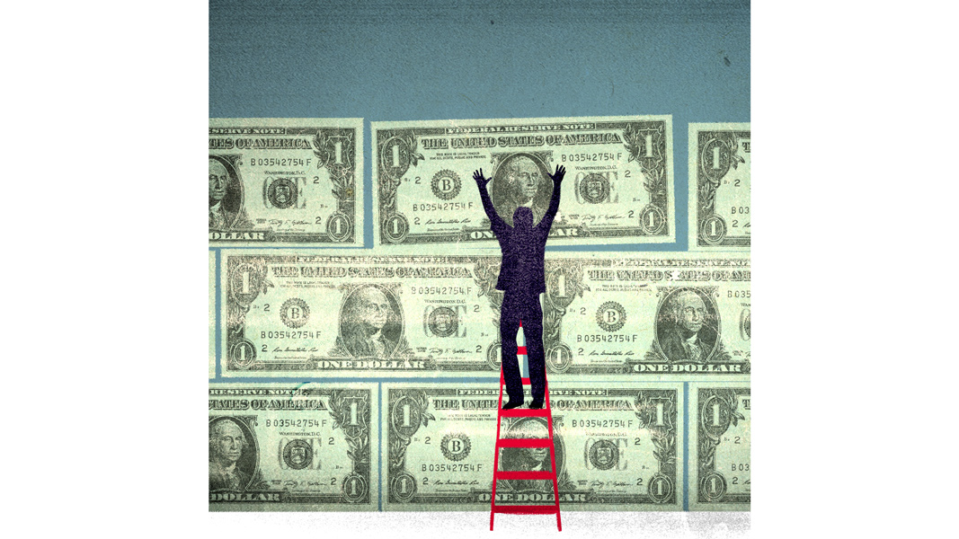Illustration of a silhouette of a man on a red ladder putting up giant one dollar bills like wallpaper