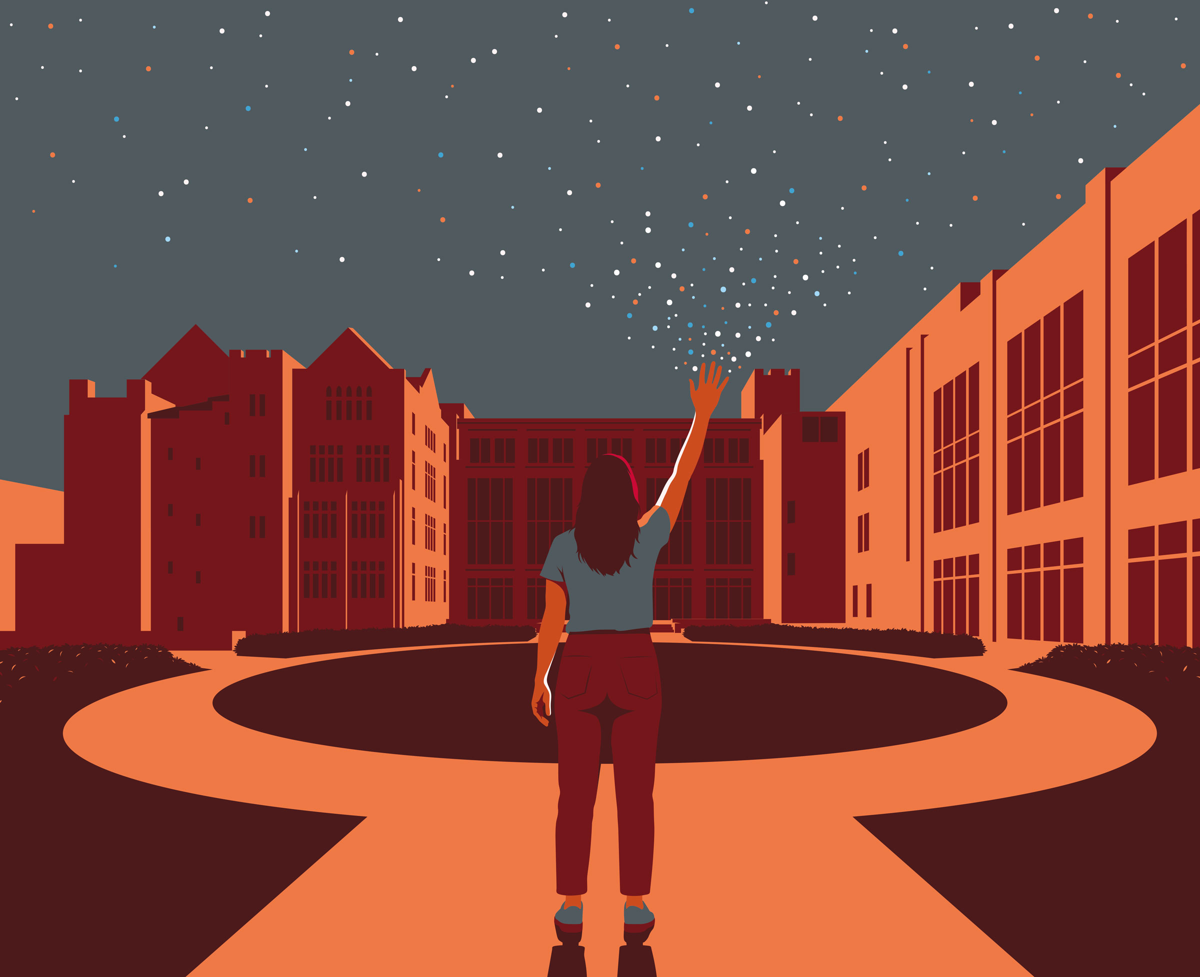 An illustration shows a woman from behind standing outside of Ohio State's College of Medicine. As she seems to wave, her hand reaches to the sky, and colors specs--almost starlike--emanate from her hand.