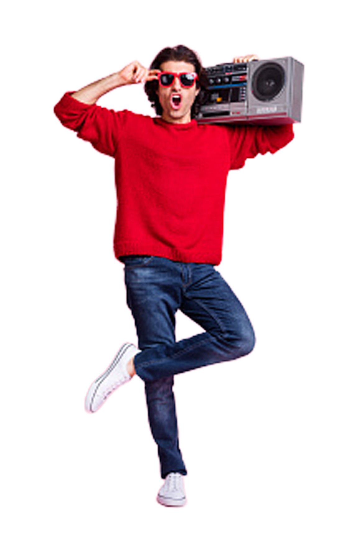 a young man wears sunglasses, holds a boombox and sings aloud.