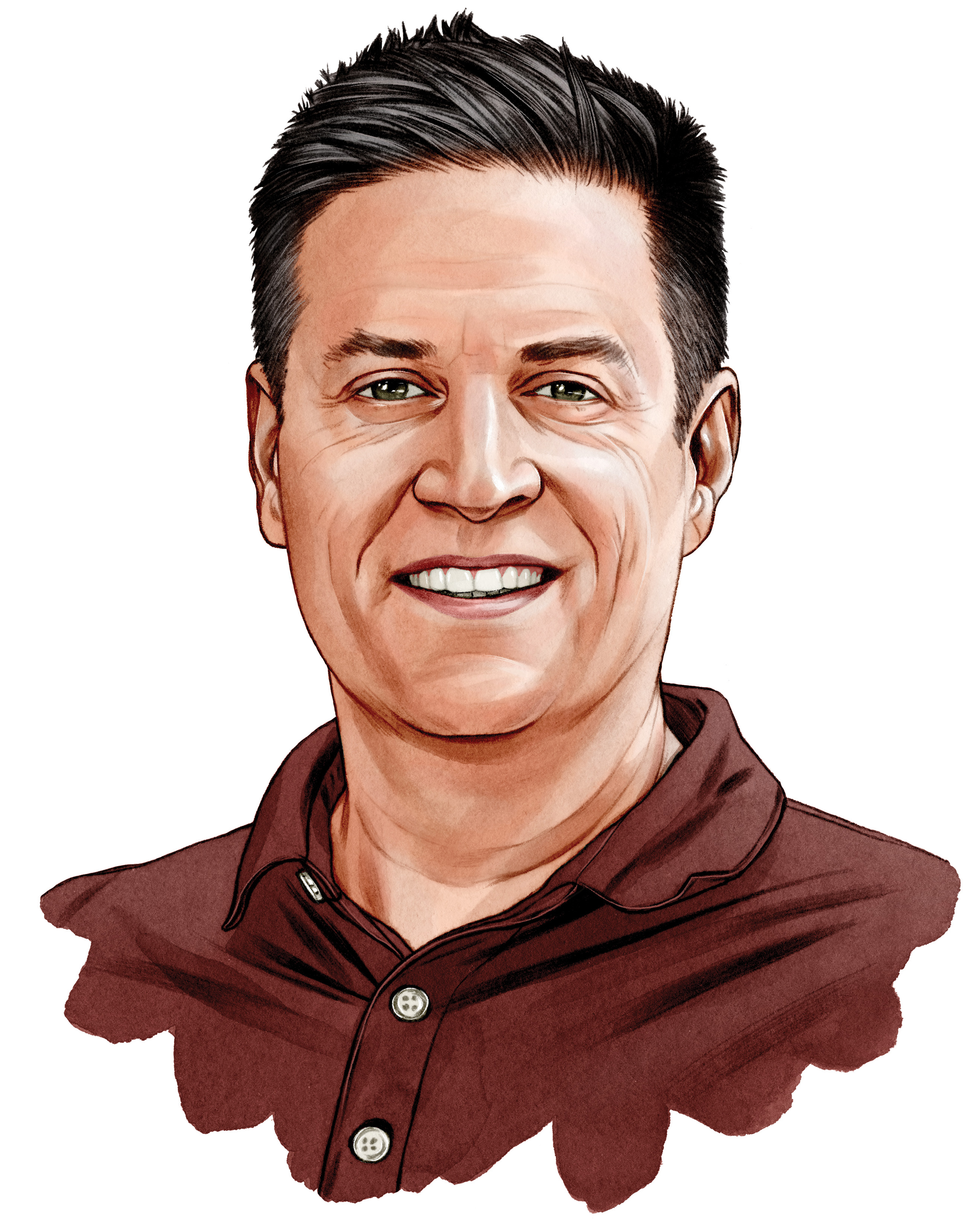 An illustration of Aaron Kidwell shows a white man with dark hair who is smiling. He looks interested and interesting.