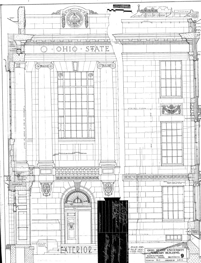 a black and white architectural drawing shows a portion of the front of Thompson Library