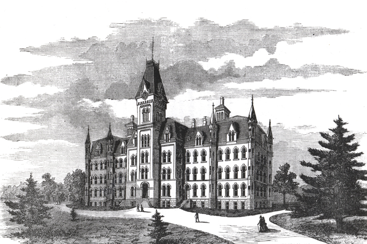 A black and white drawing shows a stately five-story building with more than 80 windows. People in front walk along a wide sidewalk or avenue.
