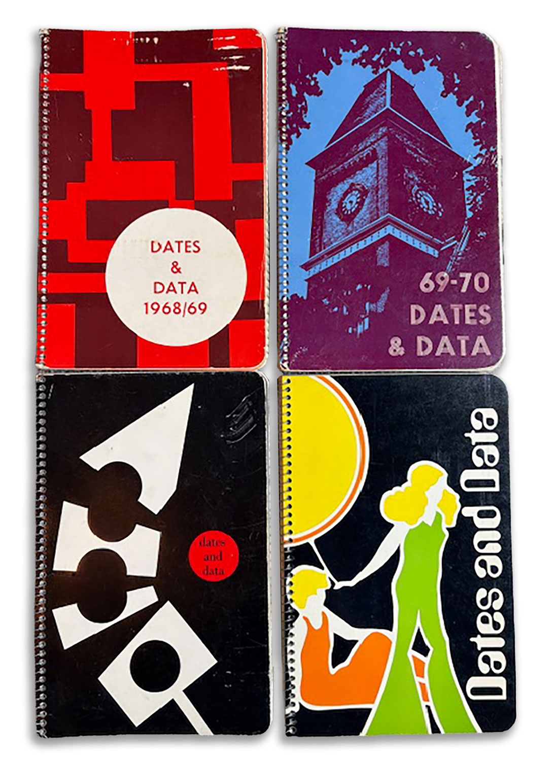 4 tattered, spiral bound books have colorful covers showing geometrical graphics. They're from the late 1960s and early 1970s.