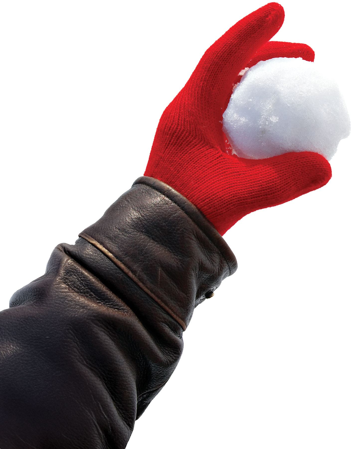 a gloved hand holds an icy snowball