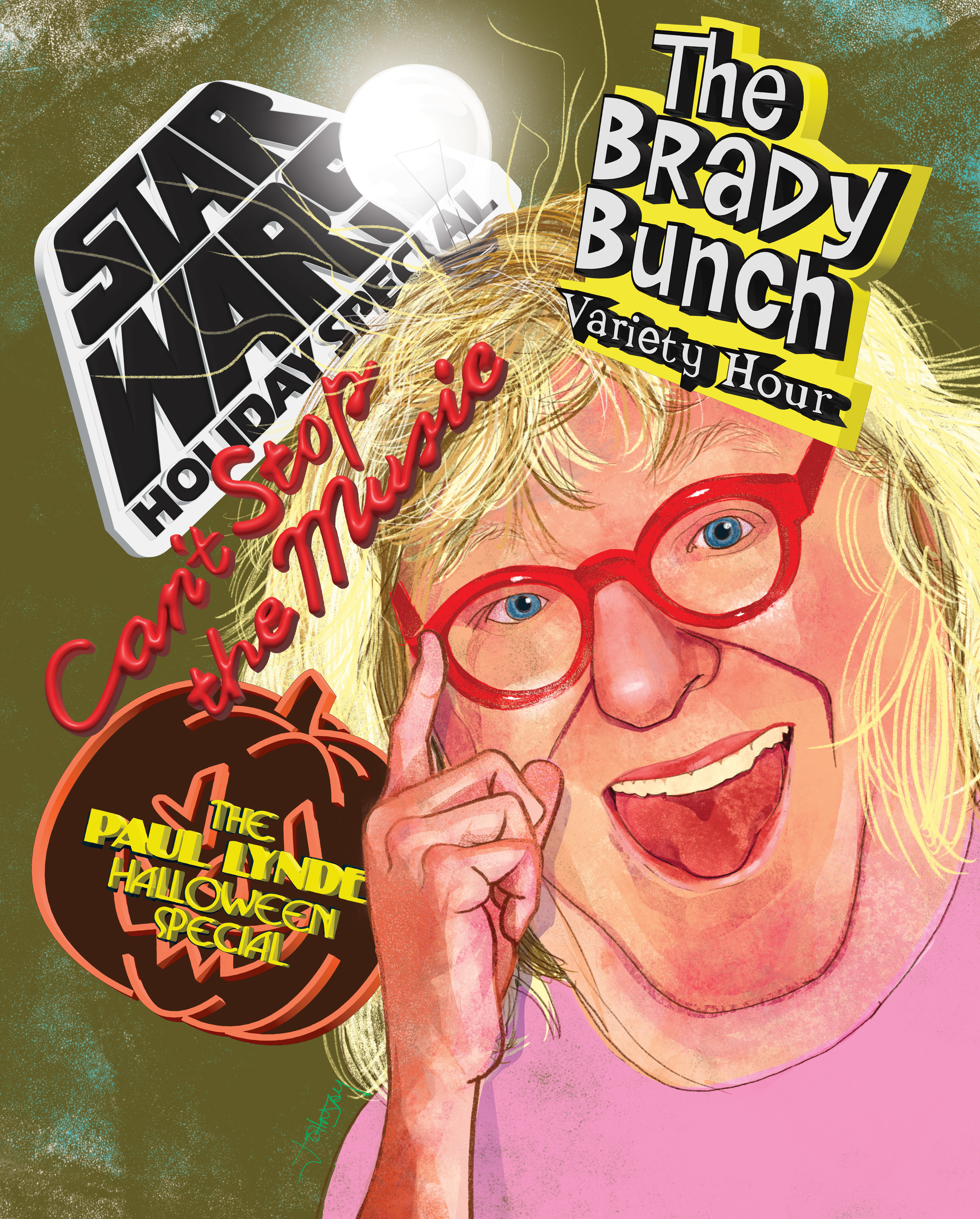An illustration of Bruce Vilanch shows him grinning and pushing up his characteristic red framed glasses while names of shows he's written for float around his head. For example: Star Wars Holiday Special, The Brady Bunch Variety Hour and Can't Stop the Music