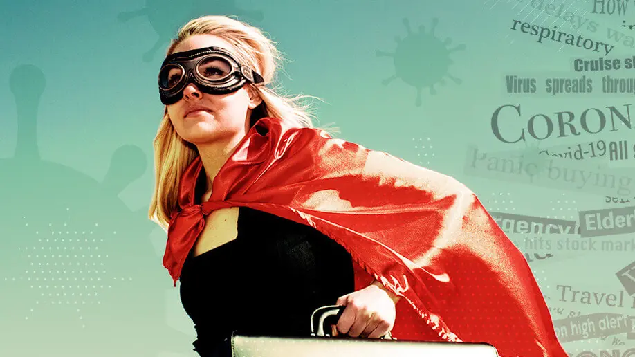 Image of woman dressed as superhero with words related to COVID in background