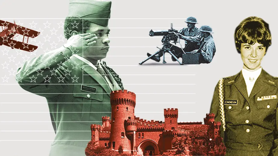 Photo collage of historical photos from the military, including a plane, a man saluting, and a woman in uniform.
