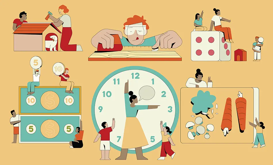 Illustration on yellow background of people doing different activities: building, measuring, human woman acting as arms of clock with children beside her