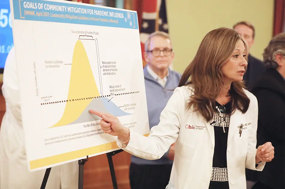 Dr. Amy Acton is standing and pointing to a graph 