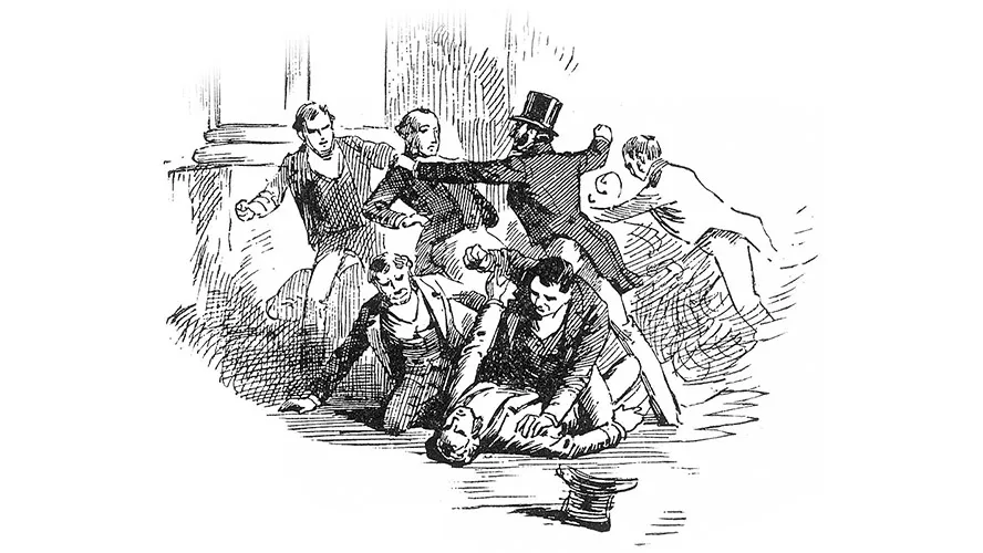 A cartoon drawing of a group of men fighting.