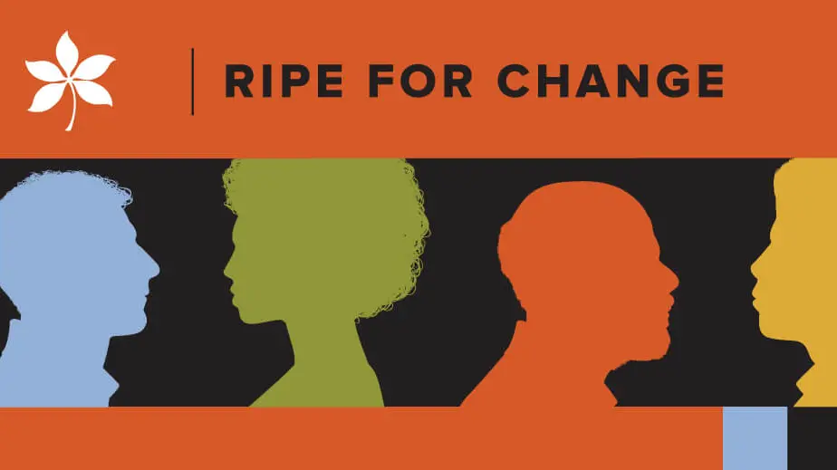 Text saying "Ripe for change" silhouettes of solid color diverse profiles of faces