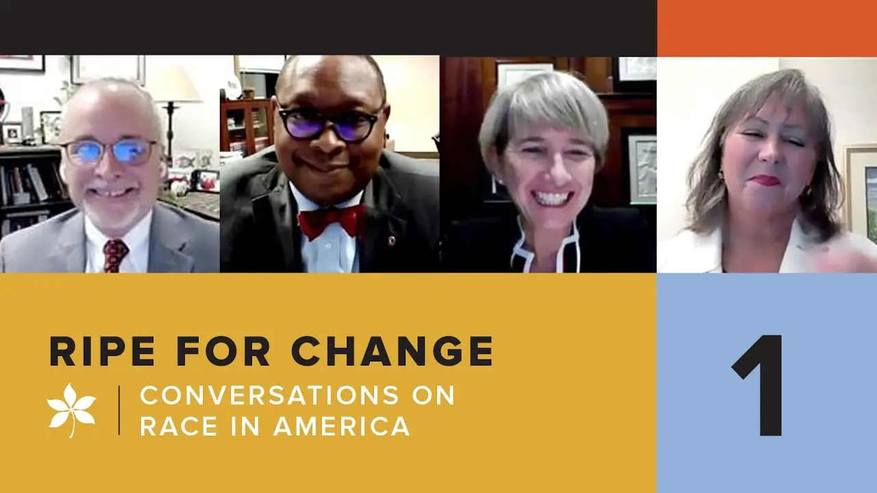 Text over yellow background reads "Ripe for Change: Conversations on Race in America", Headshots of various speakers shown