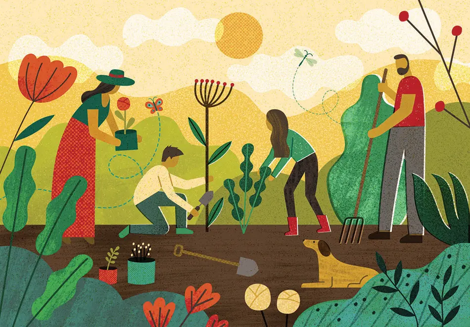 Colorful illustration of four people farming a field