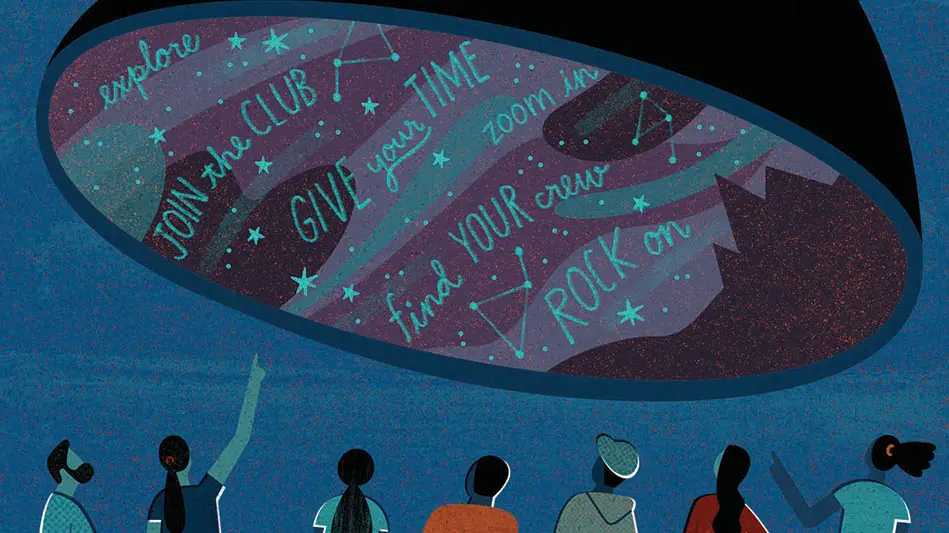 Illustration of a group of people looking up and pointing to a night sky full of constellations and phrases