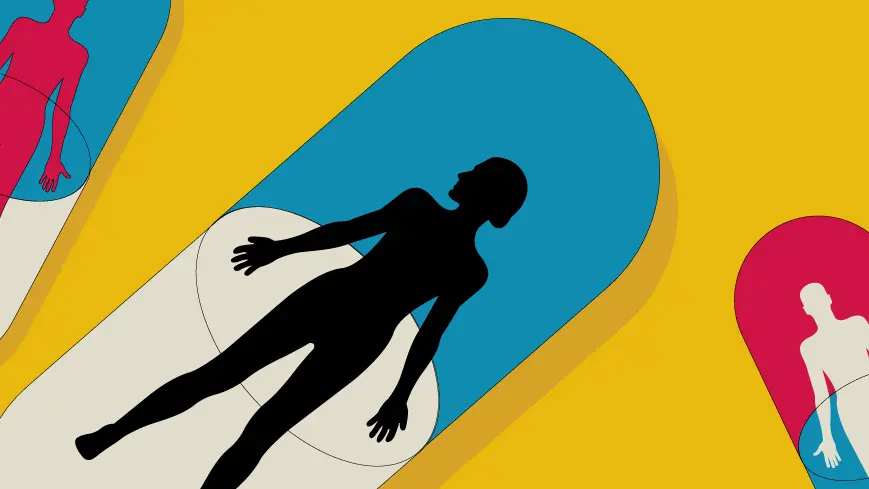 Colorful illustration of silhouetted figures inside blue and white pills against a yellow backgrounds
