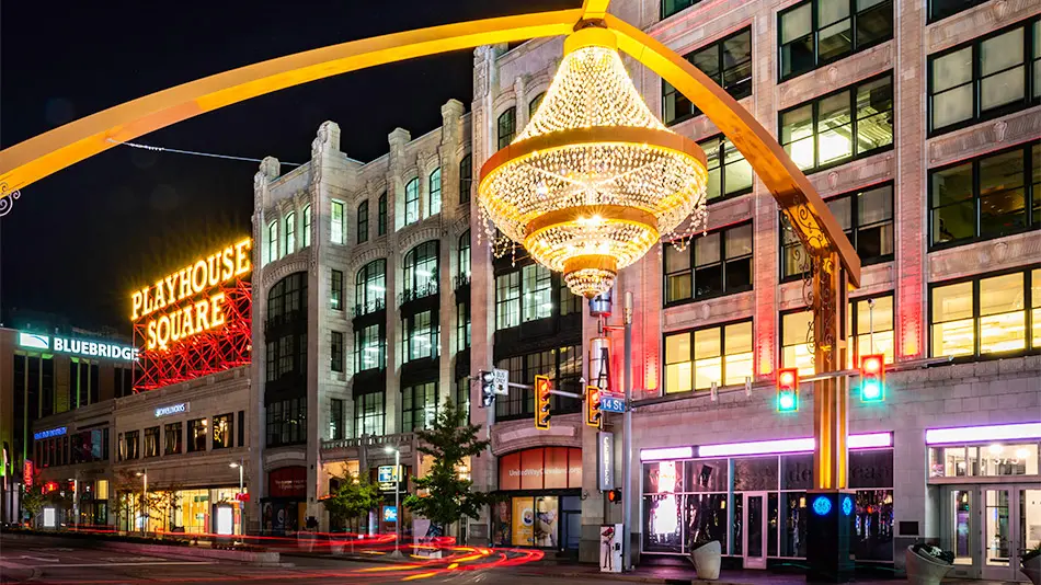 bright lights at night overhead at the Playhouse Square in Cleveland Ohio