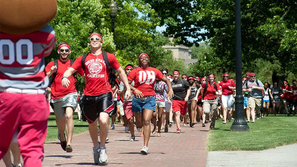 Ohio State students walking on campus on a sunny day
