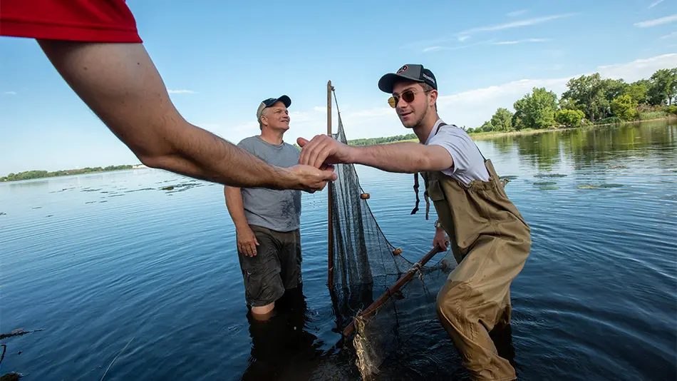 three men in waders standing knee deep in Lake Erie with fishing nets