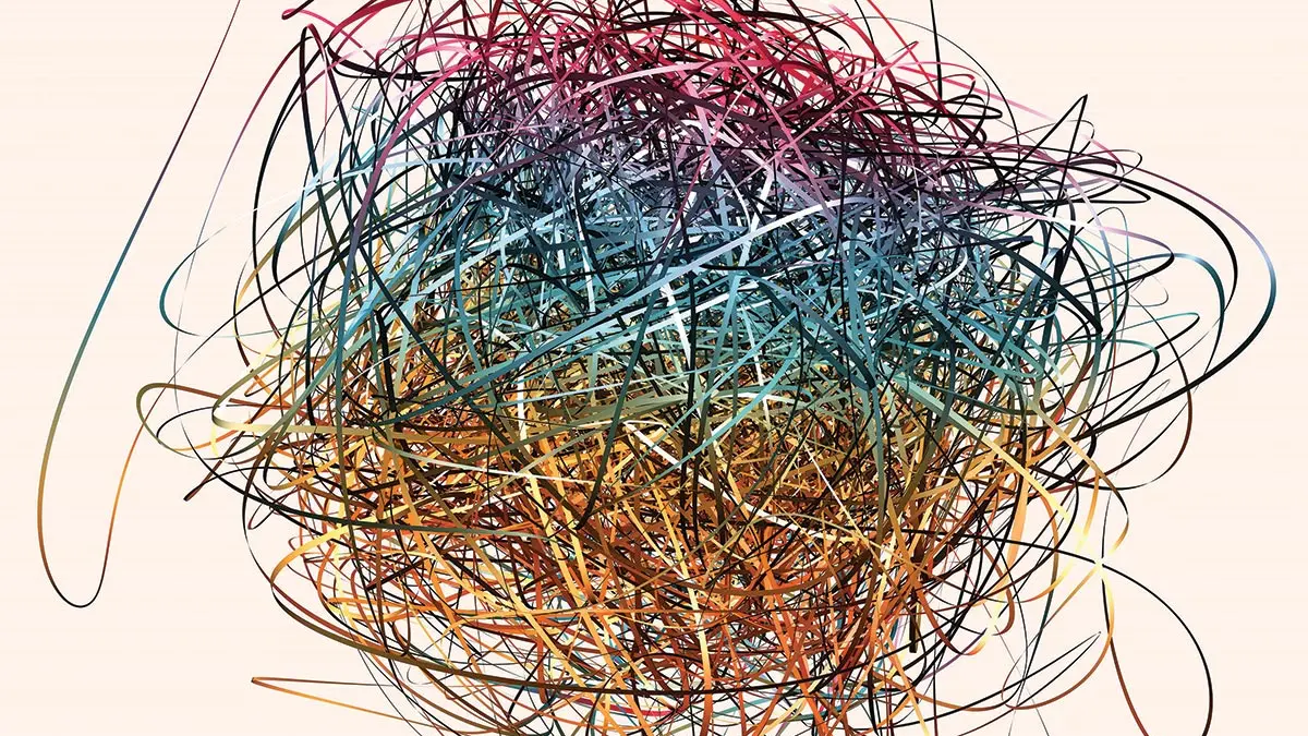 A tangled ball of thin strands of color has bands of color that fade from pink to teal to yellow to orange.