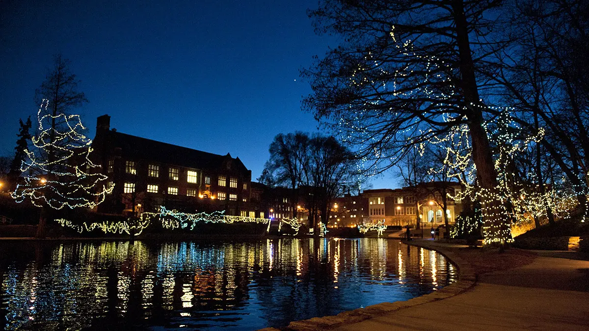 A winter night scene at Mirror Lake with snow on the ground and string lights in the trees.