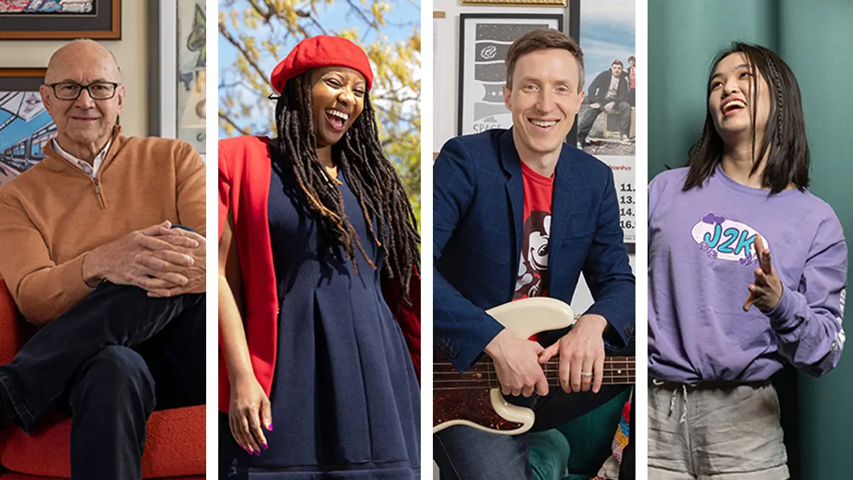 Four people pose in locations where they enjoy music