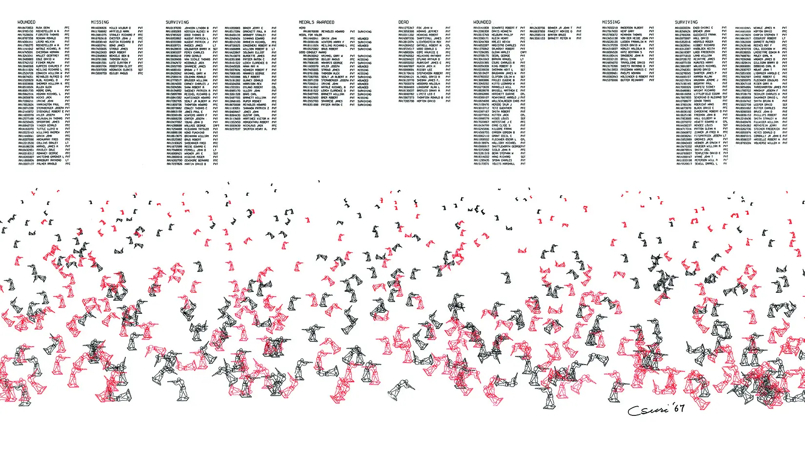 The outline of an army man sighting down the length of his rifle is repeated perhaps 100 times in no descernable pattern. Some are black and the others are red, signifying different sides of the fight. The characters often overlap.