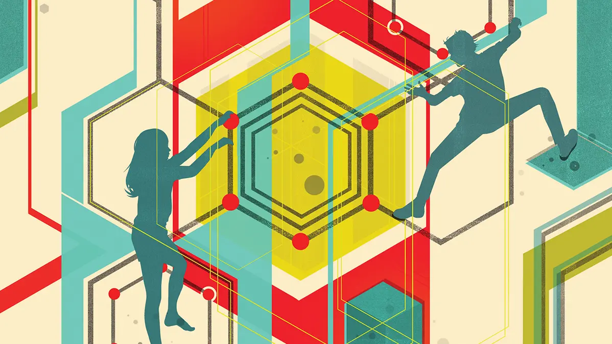 An illustration shows silhouettes of kids climbing a wall of hexagons, which represent the shape of hormones 