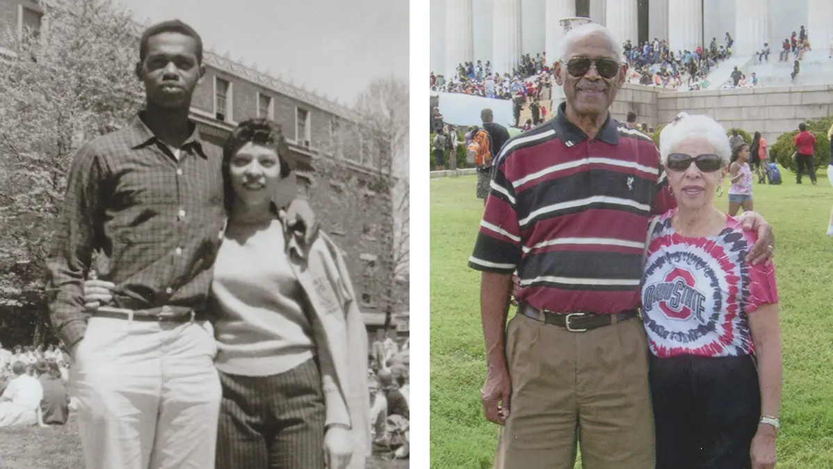 At left, in an old black and white photo, a young man stands confidently with his arm around his sweetheart, who’s smiling, outside a university building. A crowd sits on the grass behind them. At right: The same couple in a similar pose smile together at another more recent event. He has his arm around her and they’re wearing sunglasses and color-coordinated clothing.