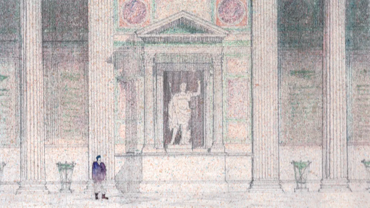 A line drawing of part of an ancient temple in Greece shows four ornate columns and, deeper in, a large Roman statue. Standing in front is a comparatively small man.