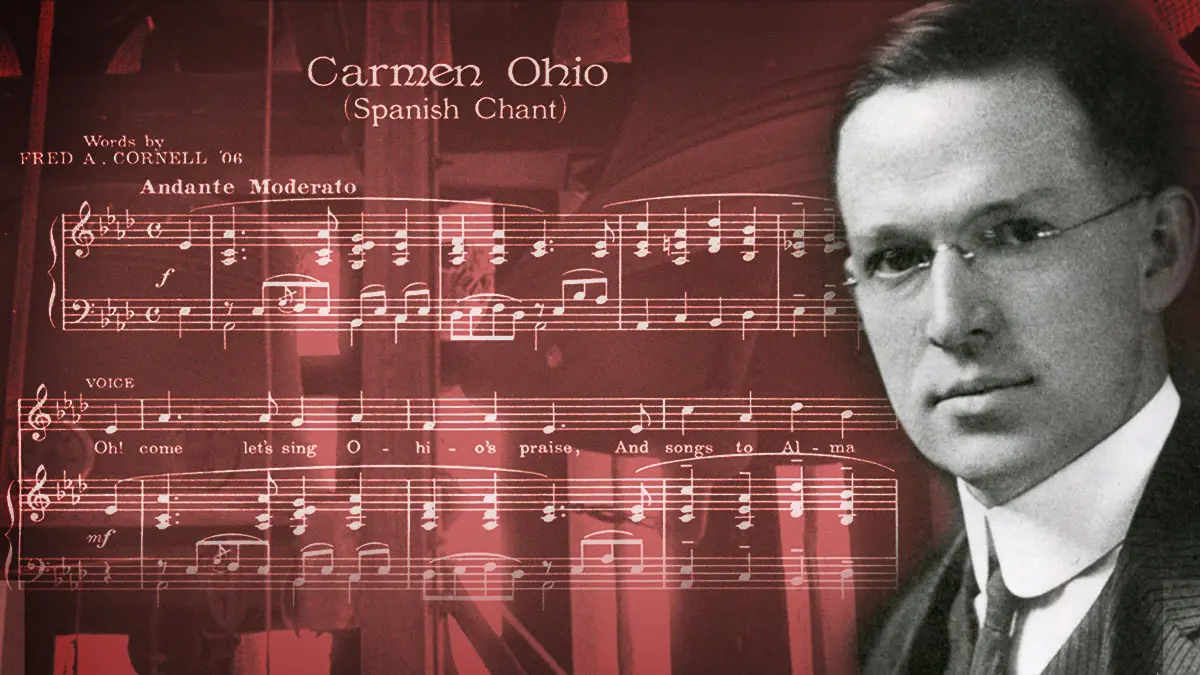 a photo collage of a black and white portrait of Fred Cornell and sheet music for Carmen Ohio over a red photo background.