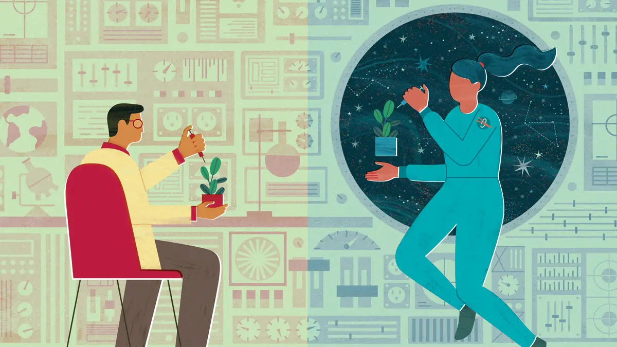 An illustration shows two scientists—one working on a plant in a lab on Earth and one working on a very similar plant in a lab while she floats in space.