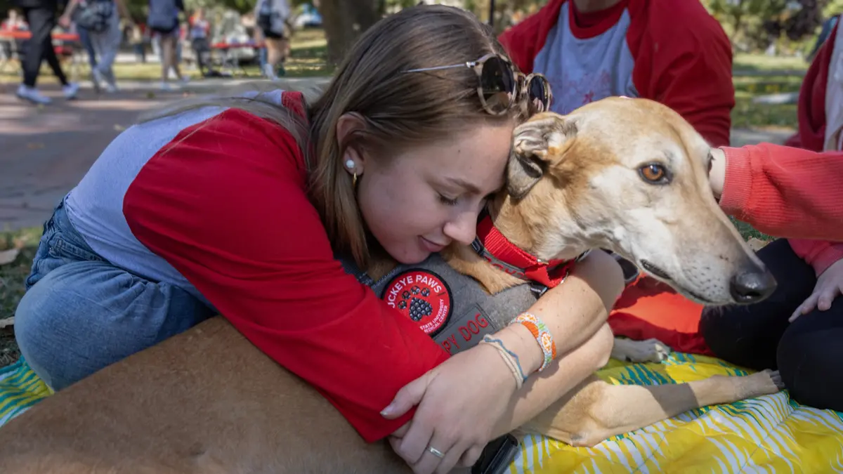 A female student lays her head against a greyhound as she hugs it from behind. Her slight smile says she is content, and she is wearing scarlet and gray and sunglasses pushed to the top of her head. The dog, who accepts the hug, watches someone off camera.