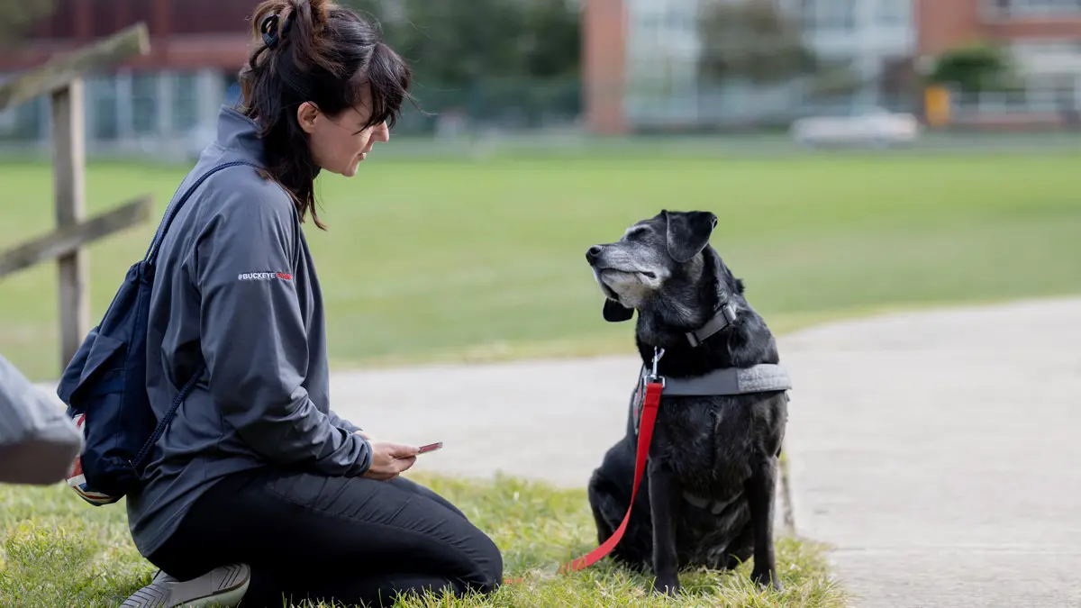 Photographed in profile outside in a grassy area, a white woman wearing a thin backpack kneels and cocks her head at her dog. The black dog has its head cocked further as it meets its owner’s gaze.